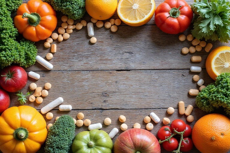 Assortimento di vitamine e minerali in pillole e alimenti