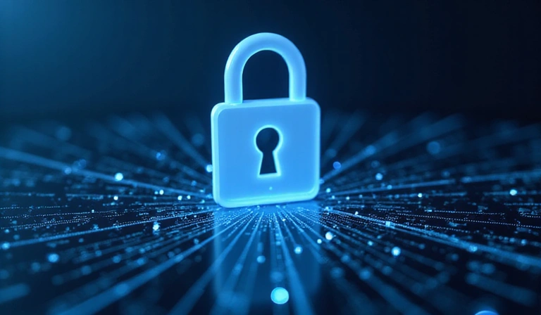 Illustration of data privacy and security, showing a lock icon over abstract data flowing